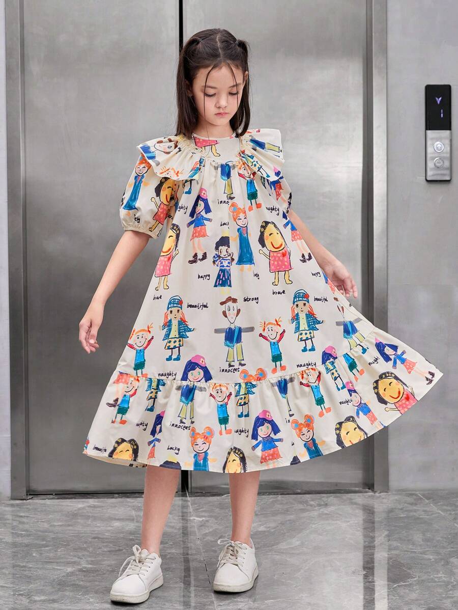 SHEIN Tween Girls' Loose Fit Vintage Cartoon Pattern Ruffle Trim Dress
