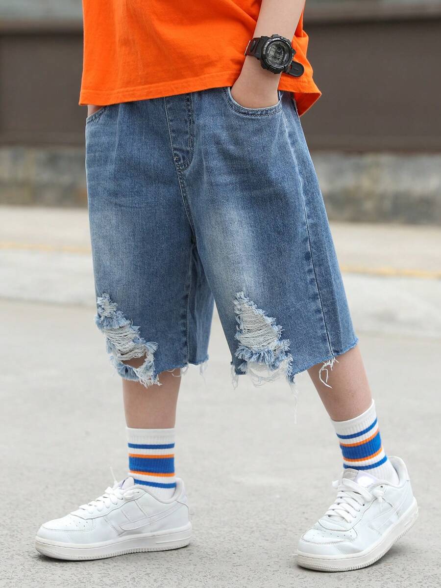 2024 Summer New Arrival Tween Boys' Denim Capri Pants, Distressed Design, Lightweight Style