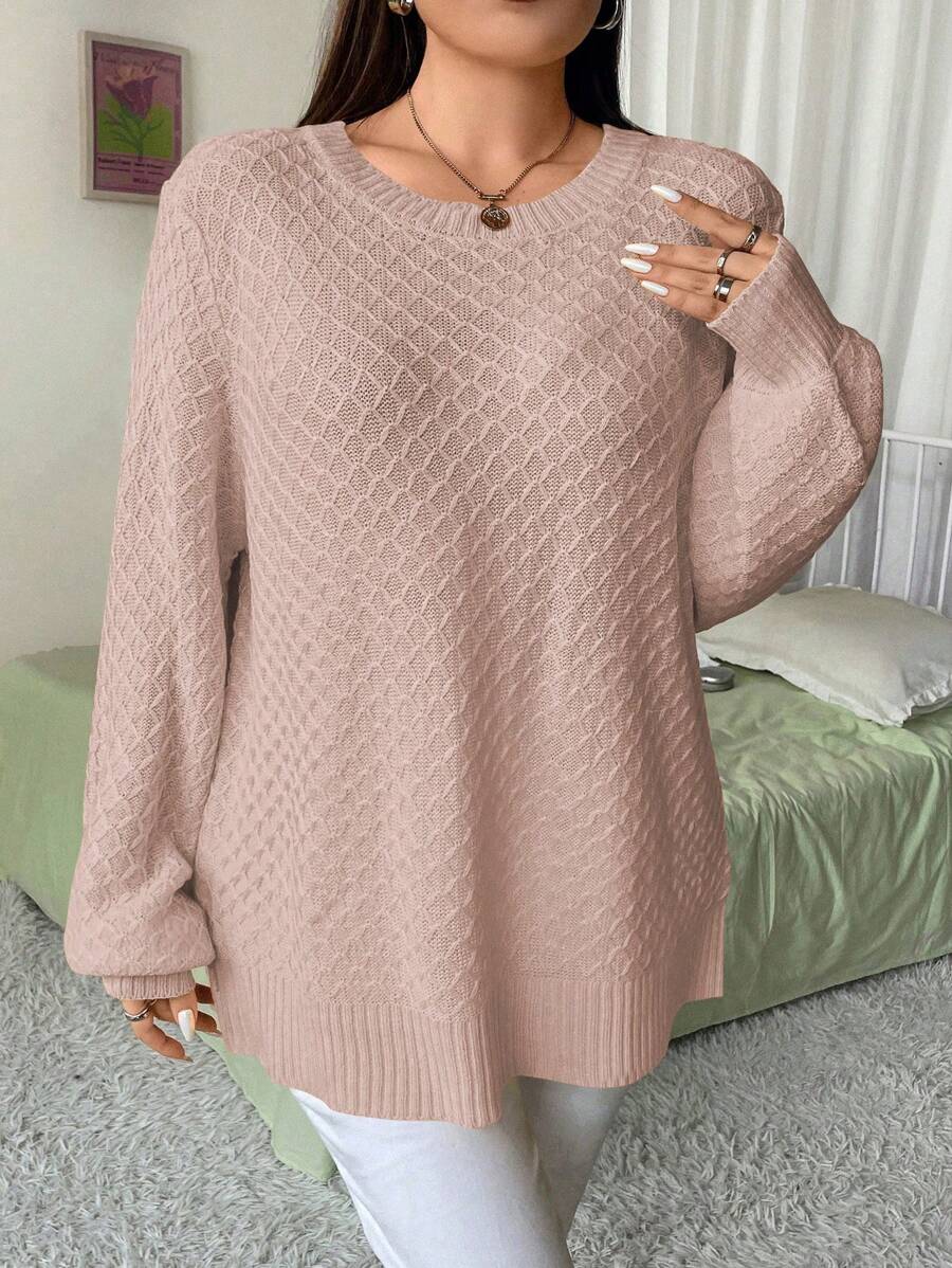 Flirla Sudadera De Punto Con Mangas Abullonadas De Patrón De Diamante Estilo Francés Para Mujeres De Talla Grande