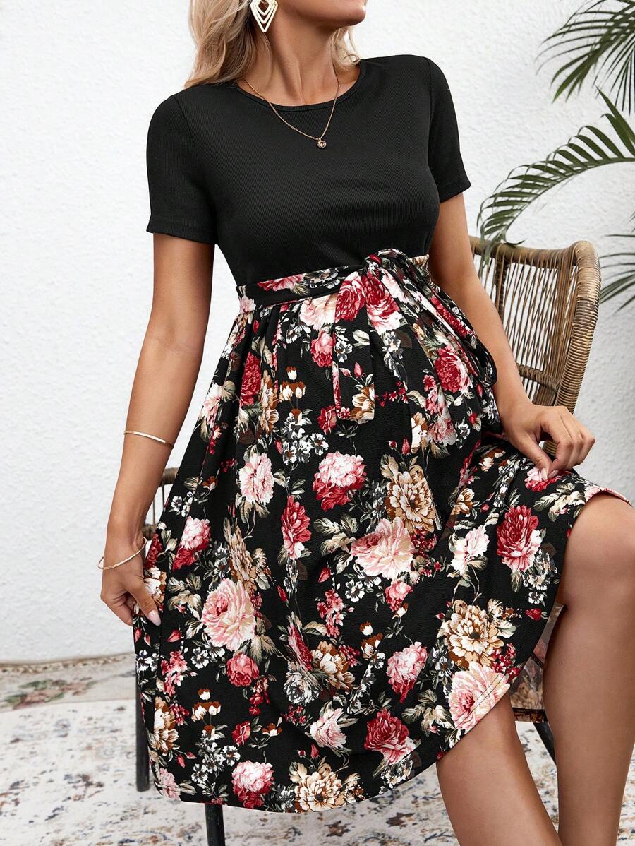 SHEIN Maternity Floral Print Short Sleeve A-Line Dress