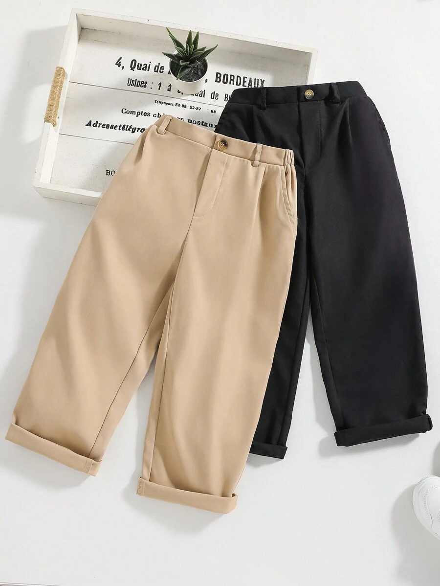 SHEIN 2 Stück Set Für Jungen, Lässig, Sportlich, Im College-stil, Gerades Bein, Khaki-hosen Und Schwarze Hosen, Geeignet Für Den Täglichen Gebrauch, Schule, Reisen, Partys Im Frühling Und Sommer