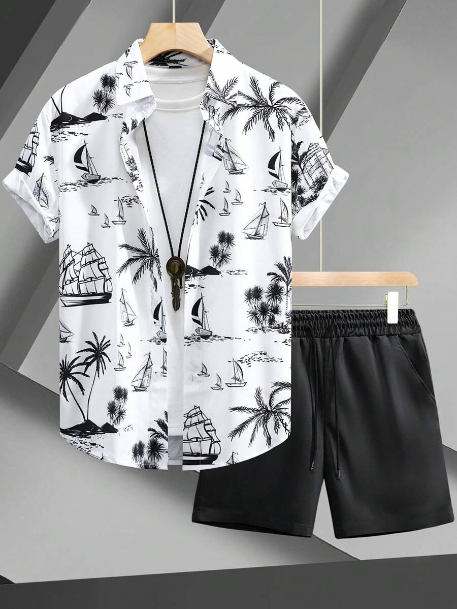 Manfinity RSRT Men's Resort-Casual Short-Sleeve Shirt And Shorts Set In Orange, Featuring A Vine-And-Floral Digital Print With Simple Linework. Designed With A Button-Front Closure, It's Perfect For Music Festivals, Hawaiian Beach Getaways, And Everyday Wear. It Also Makes A Great Gift For A Boyfriend Or Husband. Men's Short Sleeve Shirt And Shorts Summer Outfit Set, Fashionable ,Men Shorts Set ,Men Two Piece Outfits