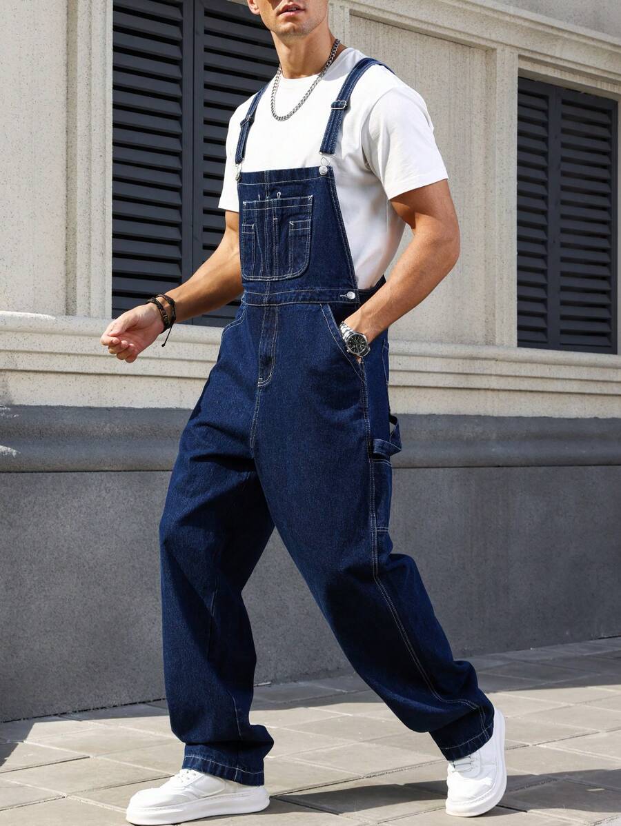 Manfinity Hypemode Men's Overalls Jeans With Pockets Baggy Overall Plain Navy Blue Going Out Vintage