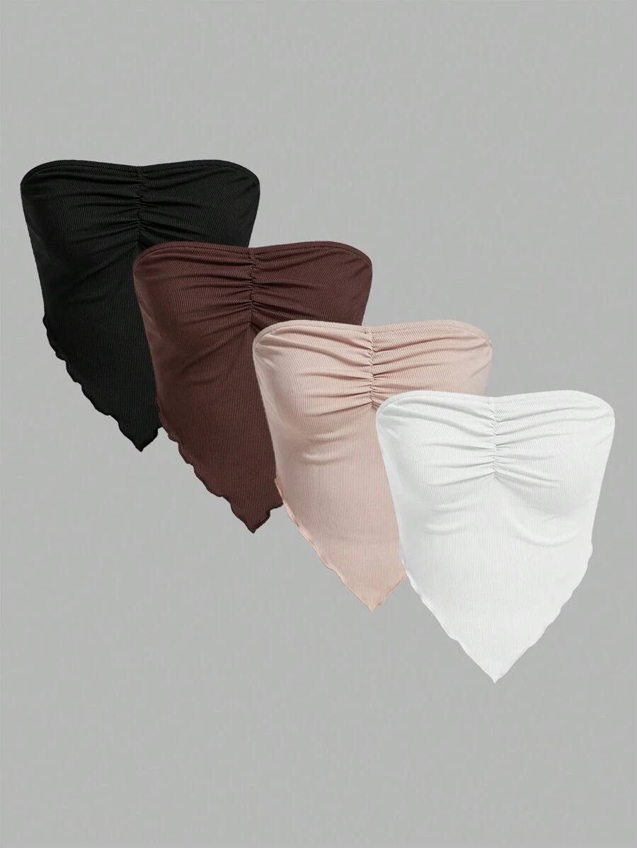 Sweetra Conjunto de 4 piezas con parte superior tipo bandeau con detalle de pliegues y bajo asimétrico, estilo Y2K