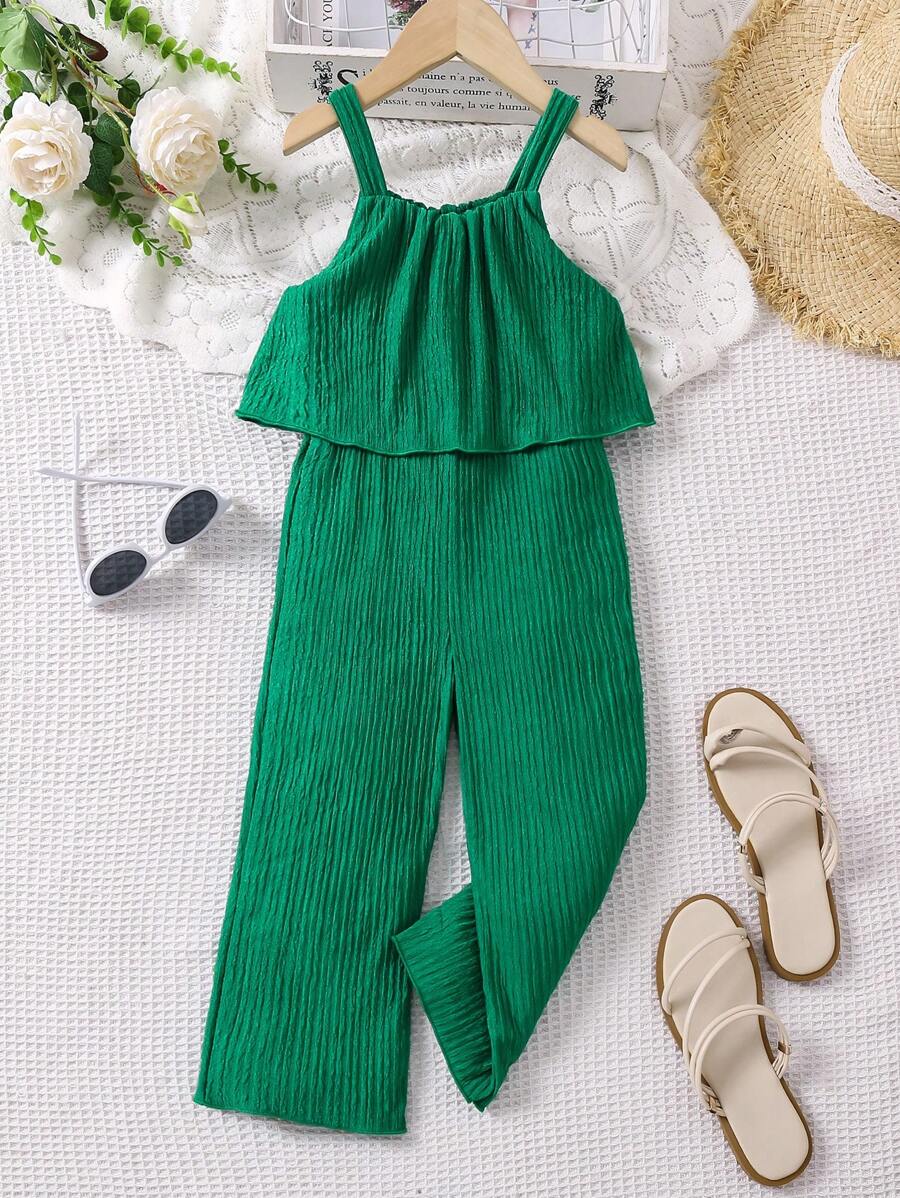 SHEIN Young Girl'S Vacation & Leisure Green Spaghetti Strap Jumpsuit With Ruffle Hem For Summer