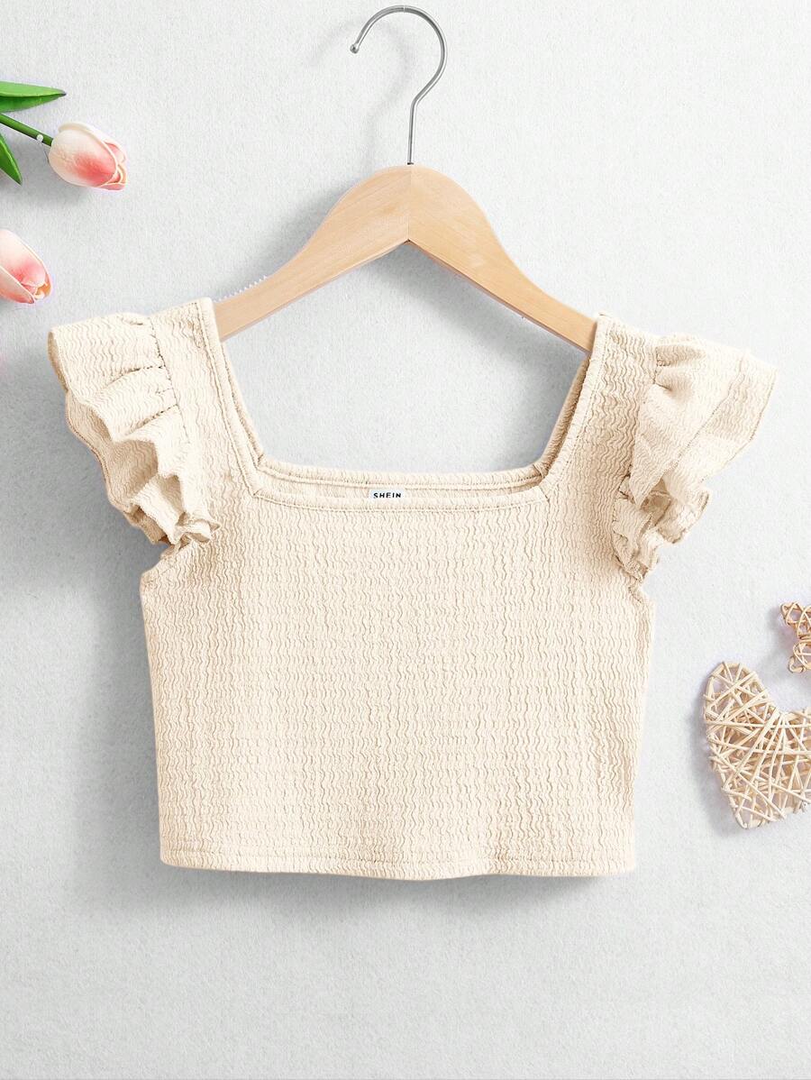 SHEIN Tween Girls' Solid Color Square Neck Cropped T-Shirt With Ruffle Hem For Vacation