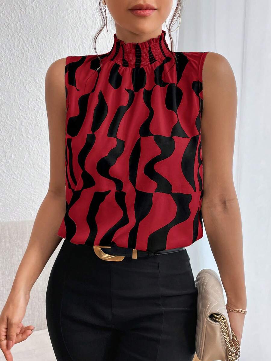 SHEIN Privé Women's Random Printed Stand Collar Sleeveless Blouse,Sleeveless Tops