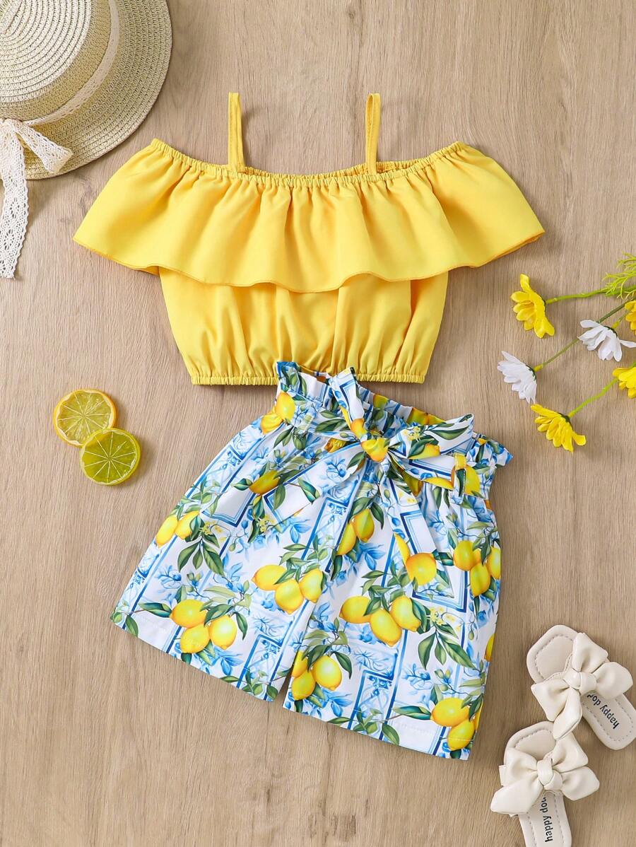 SHEIN Young Girl Ruffle Top With Ruffle Trim And Lemon Print Shorts Set