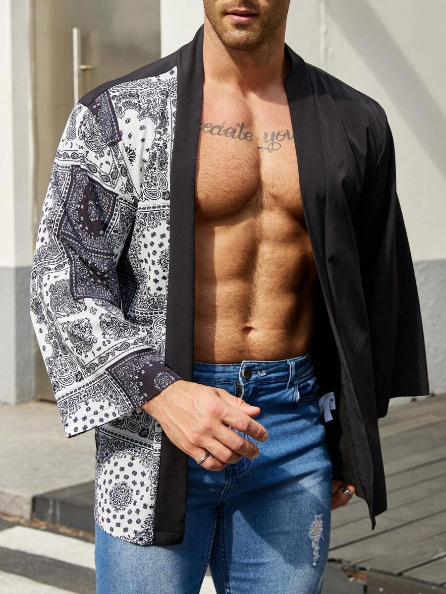 Manfinity Homme Men Plus Color Block Paisley Print Open Front Top