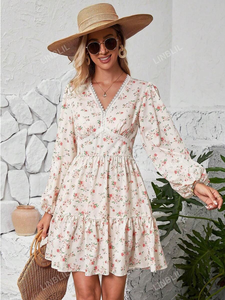 Women's V-Neck Long Sleeve Patchwork Floral Print Lace Trimmed Dress