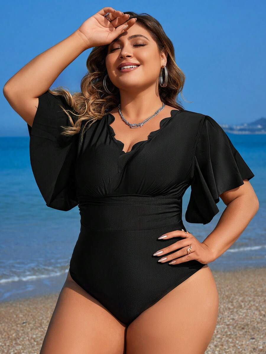 Swim Lushoire Summer Beach Plus Size Scallop Edge Decorated V-Neck Short Flare Sleeve One-Piece Swimsuit