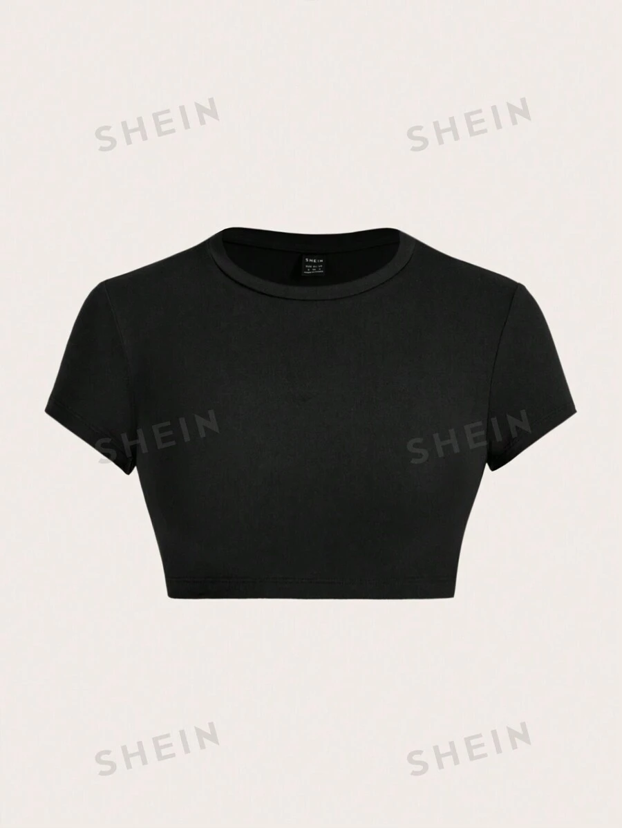 SHEIN ICON Ocazional, minimalist, culoare solidă, cu gât rotund, tricou cromat cu mânecă scurtă pentru femei, vară