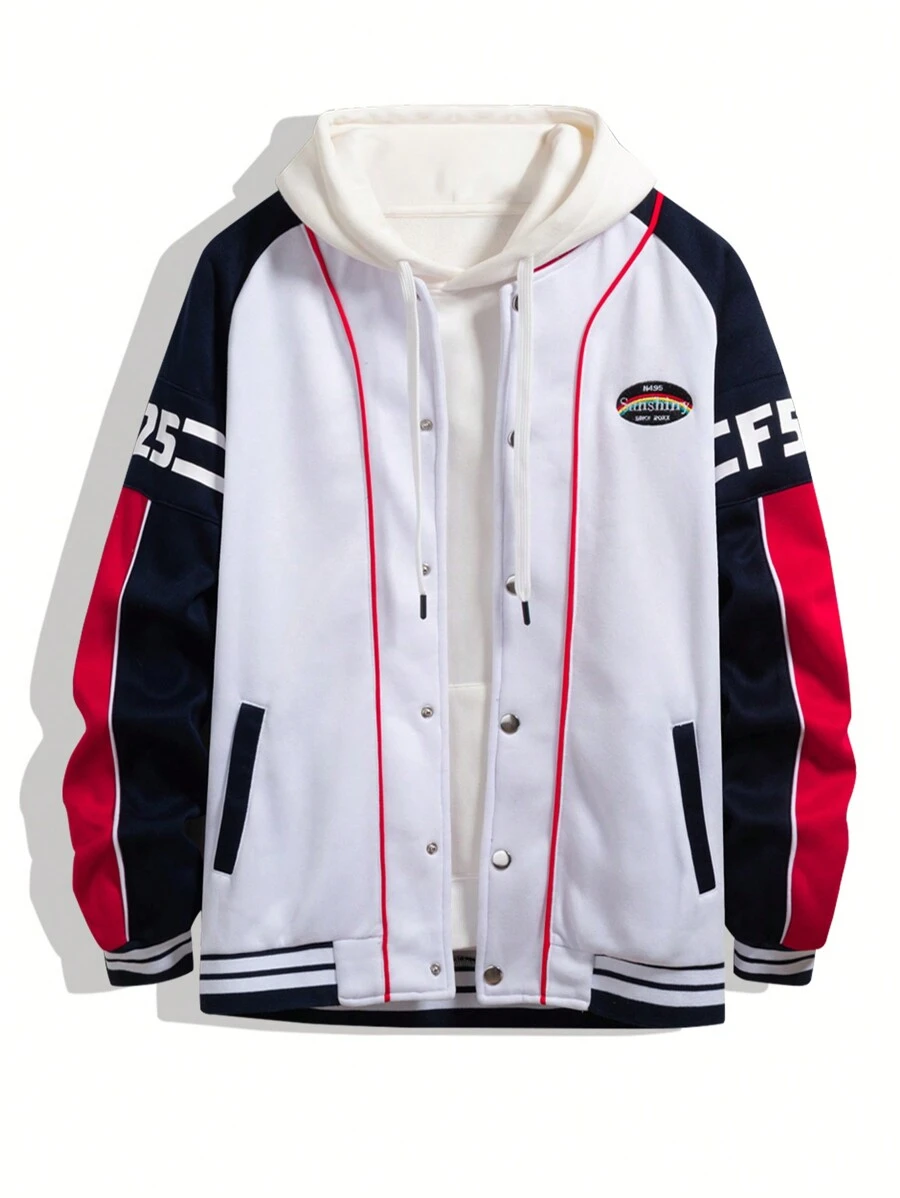 Manfinity Hypemode Veste De Baseball Pour Hommes / Boutonnée Avec Motif D'alphabet Et Bordure Contrastante