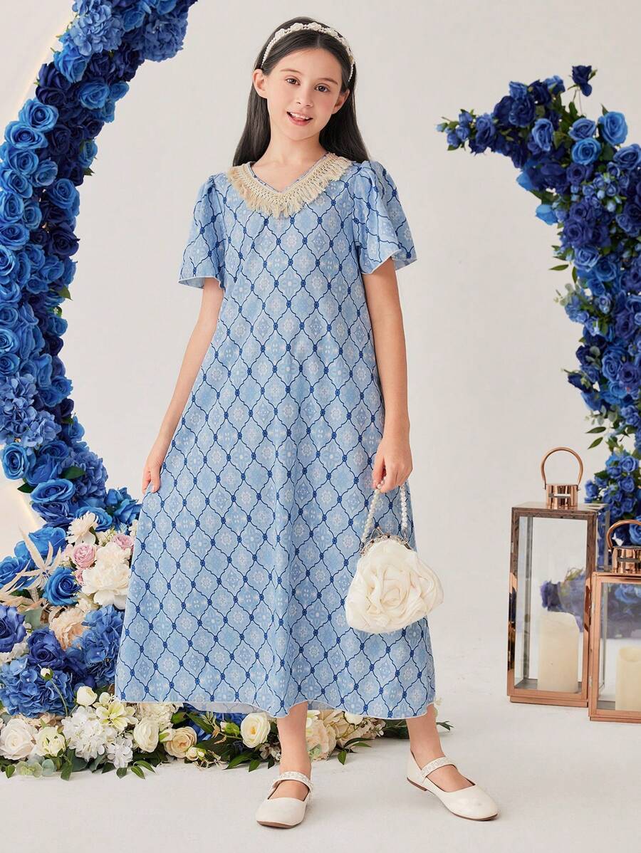 SHEIN Langes Tween-Girl-Kleid mit Fransenverzierung und V-Ausschnitt