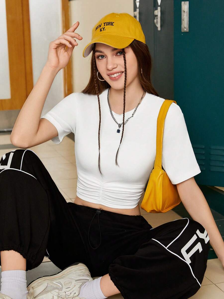 Street Sport Women's Short Length Workout T-Shirt With Front Shirring Design