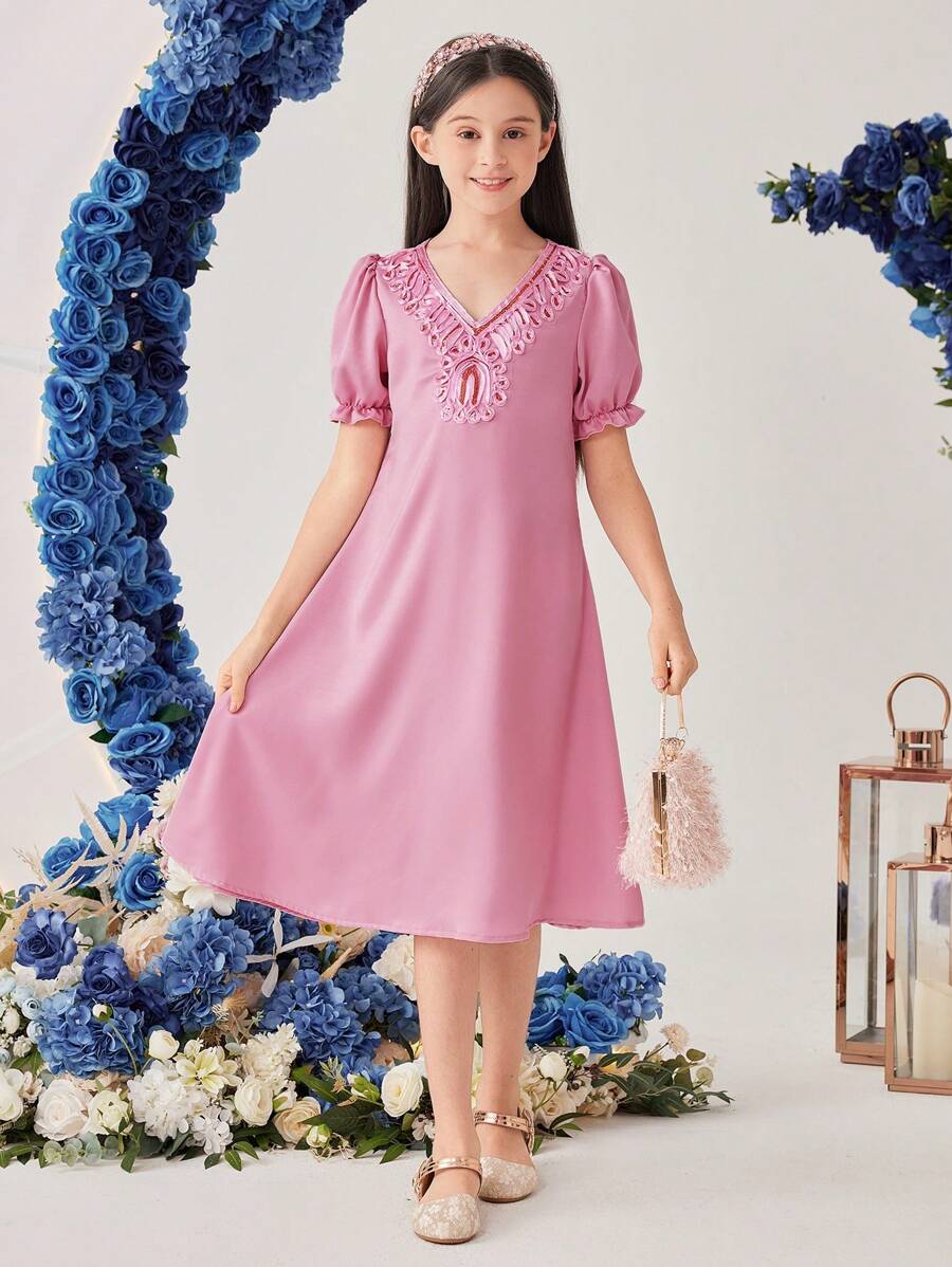 SHEIN Vestido Elegante Con Cuello En V Y Adornos De Lentejuelas Para Niña Tween