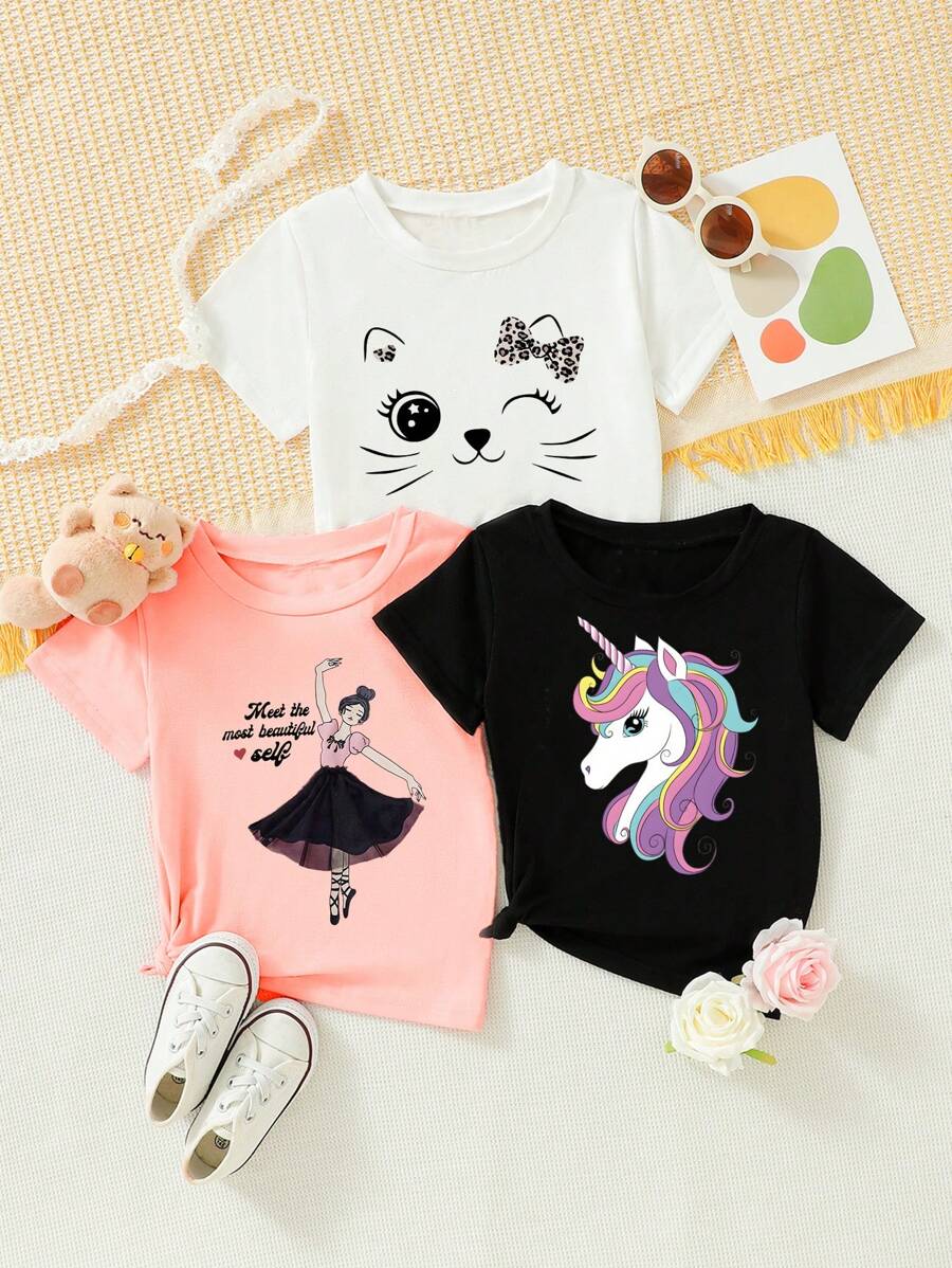3pcs/Set Young Girls' Unicorn, Cat, Dancing Girl Printed T-Shirt