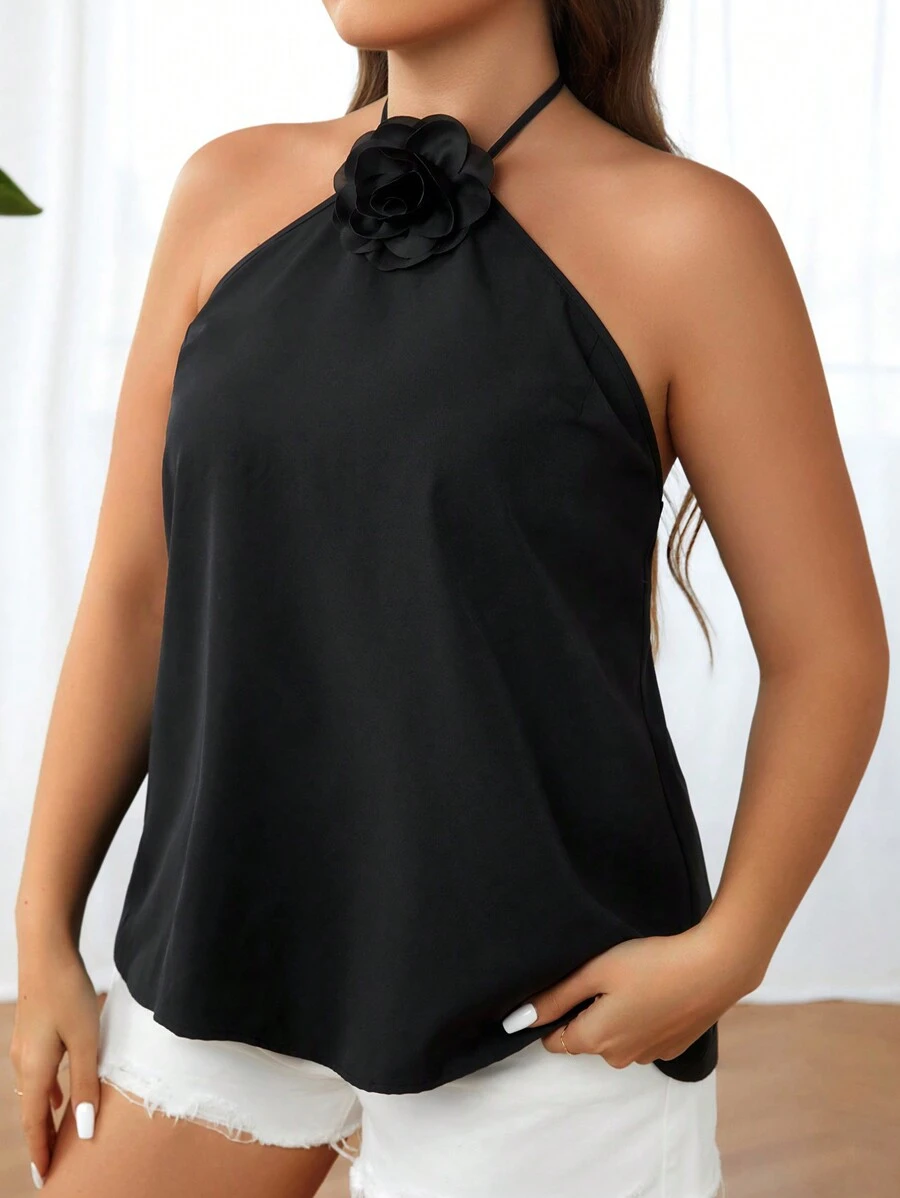 Celure Plus Size Solid Color Halter Top With 3d Flower Decoration
