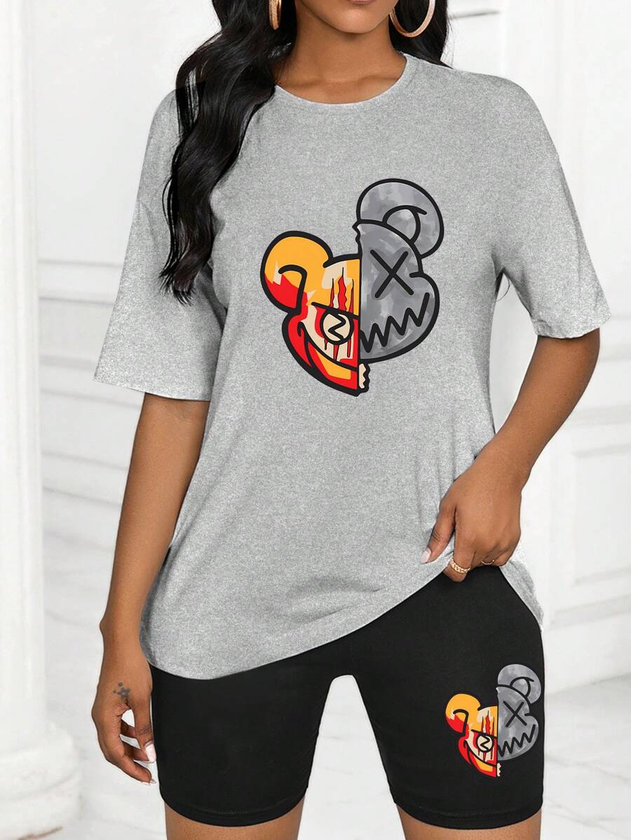 INAWLY Women's Cartoon Bear Print Round Neck T-Shirt And Shorts Set