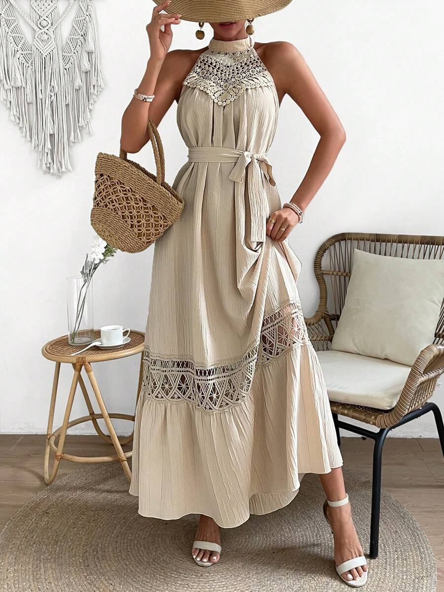 Breezaya Women's Lace Splice Halter Neck Dress Maxi Vacation Beach Outfit