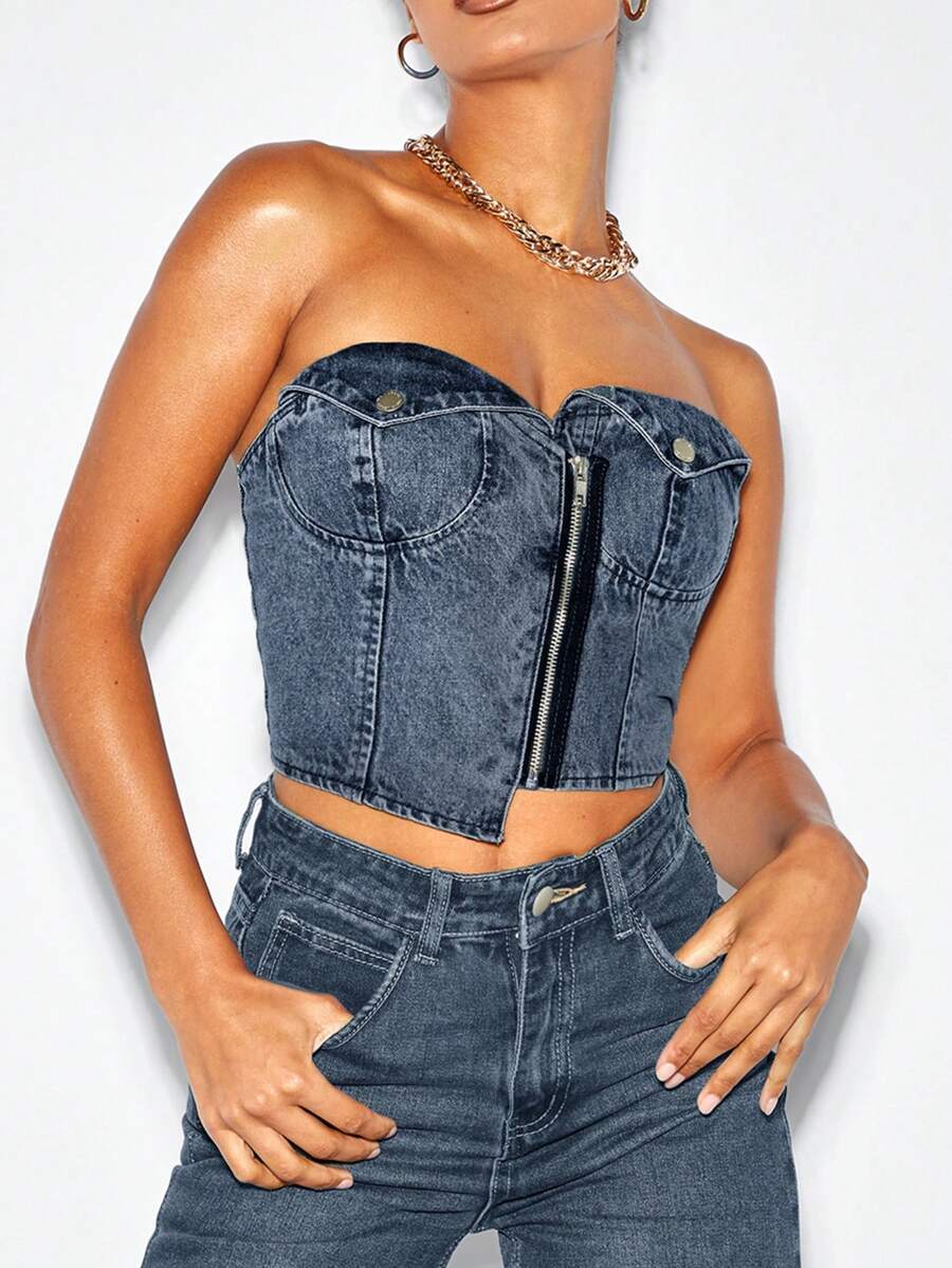 SHEIN BAE Washed Blue Biker Cup Detail Denim Top&Denim Corset