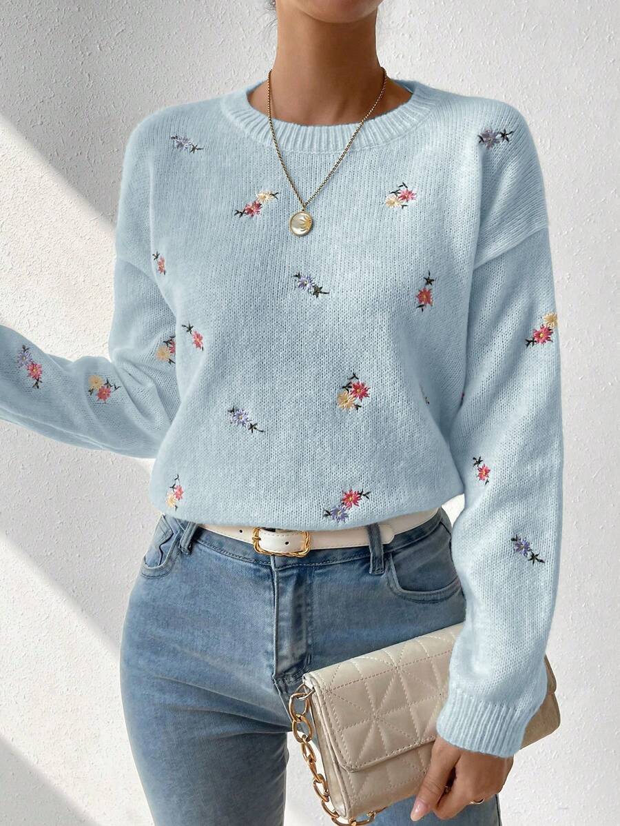 SHEIN LUNE Women's Floral Embroidered Drop Shoulder Sweater,Long Sleeve Tops