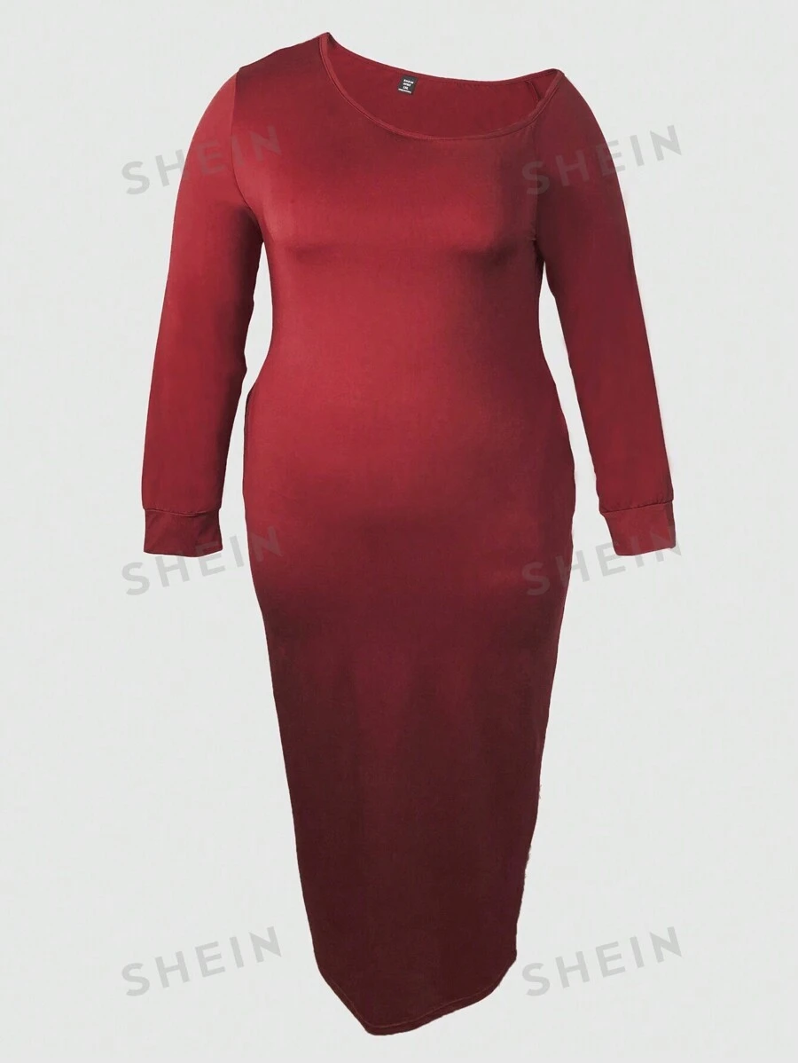 SHEIN Clasi Vestido De Talla Grande Con Cuello Asimétrico Y Mangas Largas