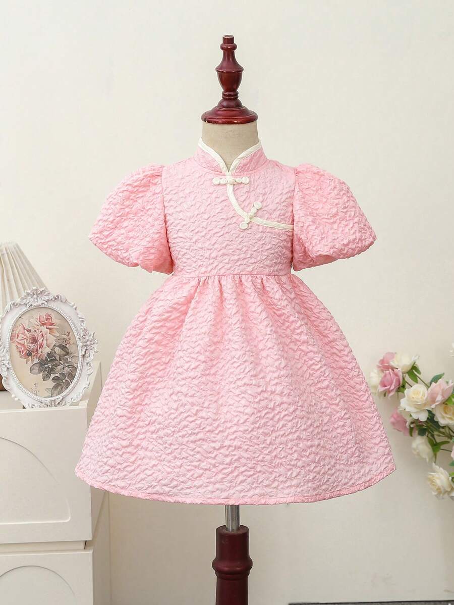SHEIN Robe D'été Texturée À Col Montant Pour Jeunes Filles, Manches Bouffantes Boutonnées, Manches Courtes Avec Fermeture Éclair Au Dos