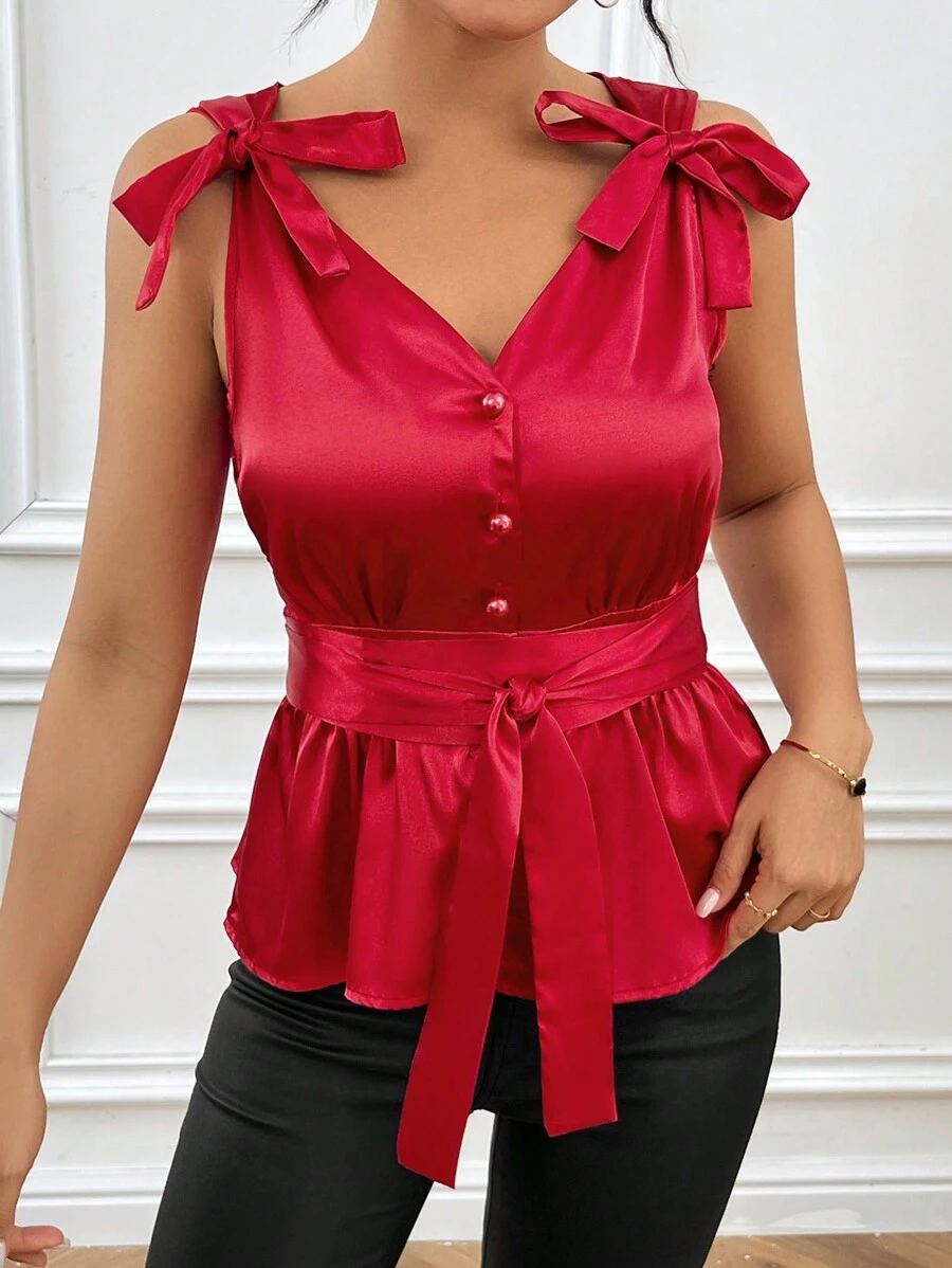 SHEIN Privé Wedding Ceremony Bowknot Detailing Women's Sleeveless Blouse With Cinching Waist