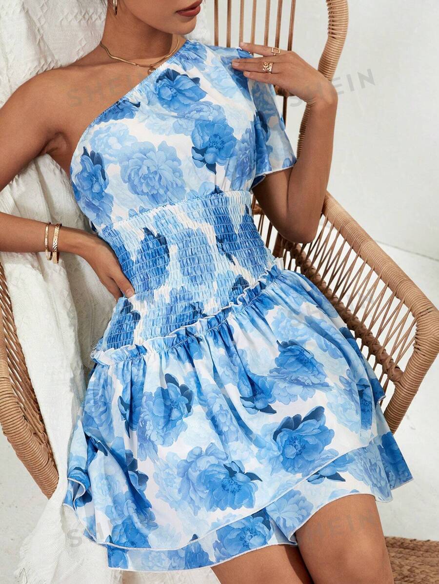 Breezaya Vestido De Cintura De Flores Para Mujer Con Un Solo Hombro Y Mangas Cortas Fruncidas