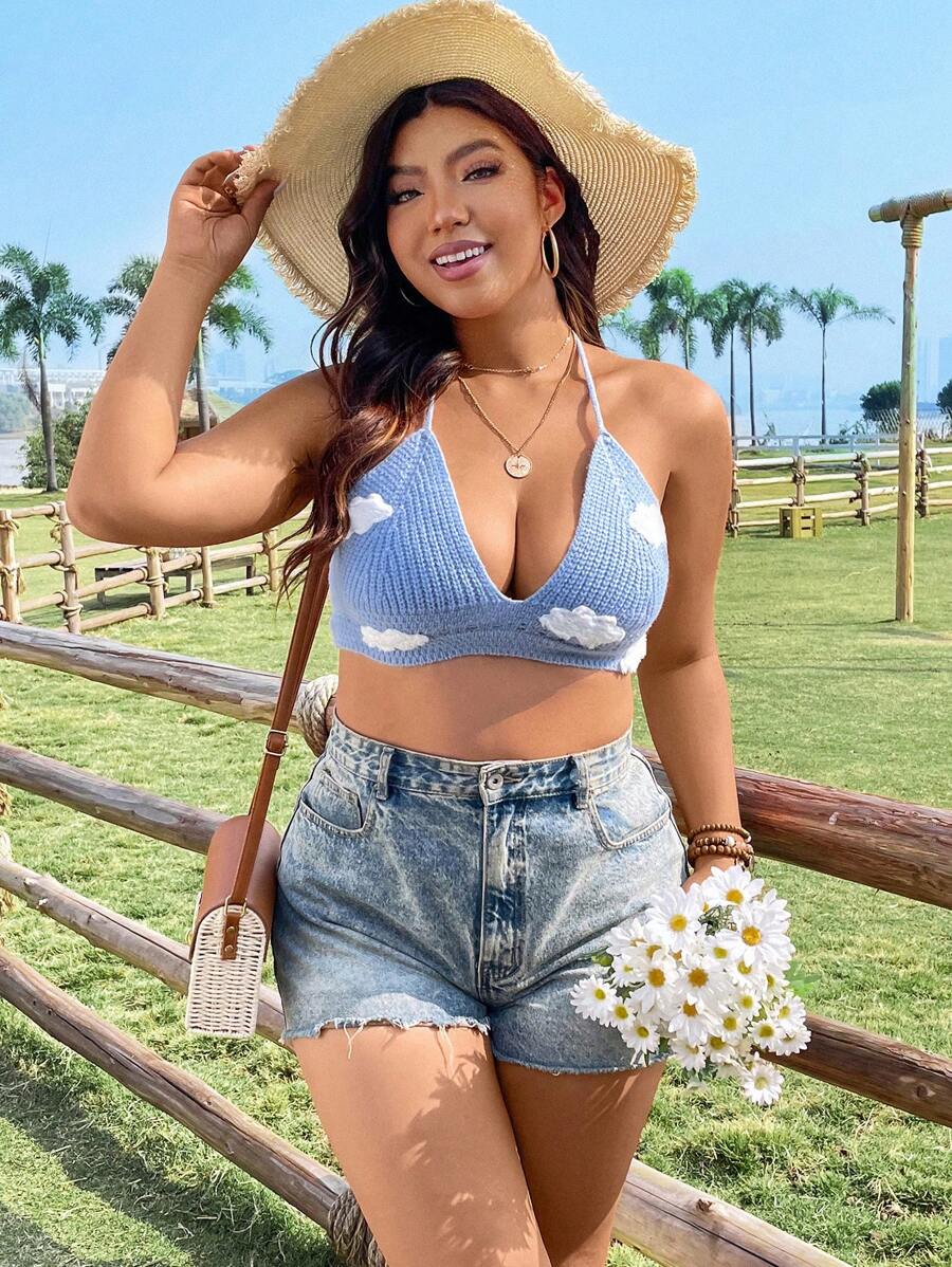 Flirla Plus Size Cloud Embroidery Halter Knitted Top