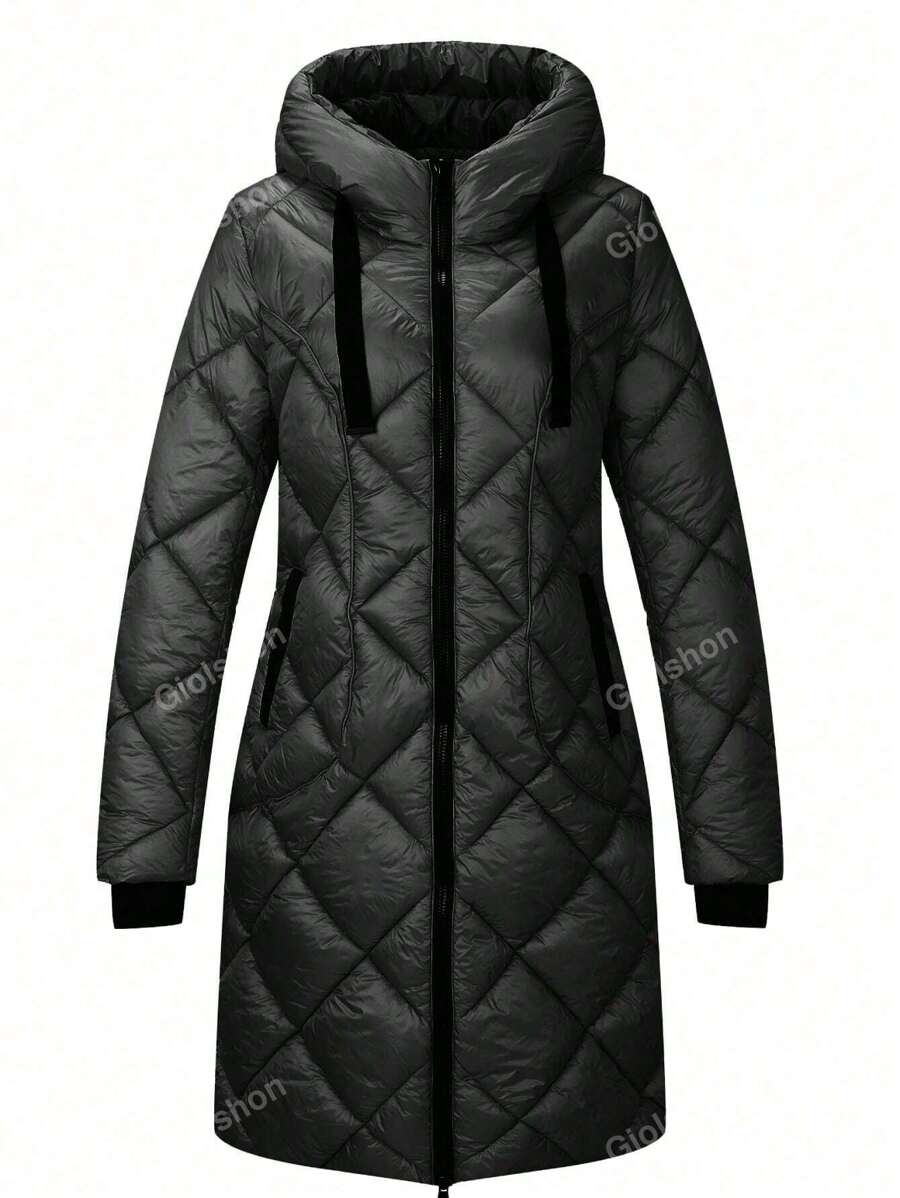 Giolshon Ladies' Fall And Winter Warm, Simple Mid-Length Commuting Quilted Puffer Jacket With Double-Headed Zipper, Hooded