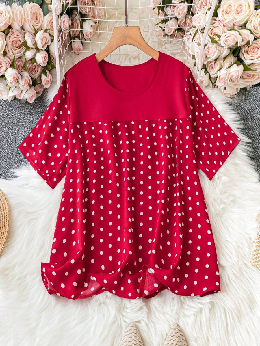 SHEIN LUNE Grote maten Vrouwen Polkabollen Geprint Korte mouwen Shirt
