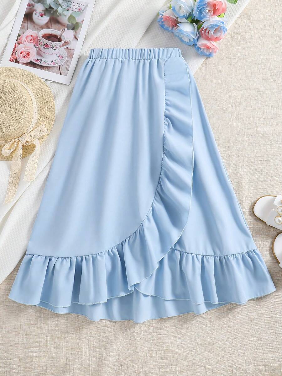 SHEIN Tween Girls' Ruffle Edge Chiffon Skirt,Holiday,Summer,Travel
