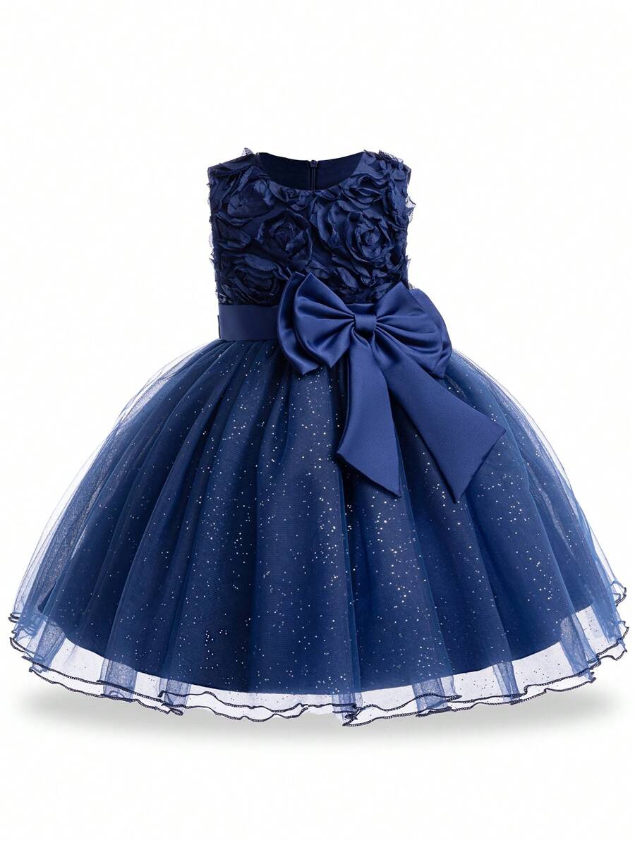 SHEIN Glamorique Kids Vestido de princesa floral 3D para meninas com laço grande, vestido de tutu para festa de aniversário, casamento, florista, todas as estações
