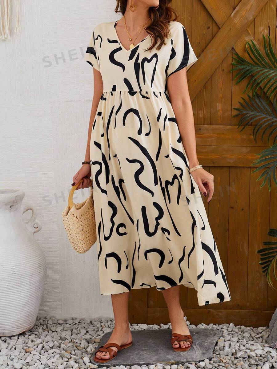 EMERY ROSE Vestido Largo Acampanado Casual De Mujer Para Primavera Con Cuello En V, Estampado Floral Y De Rayas