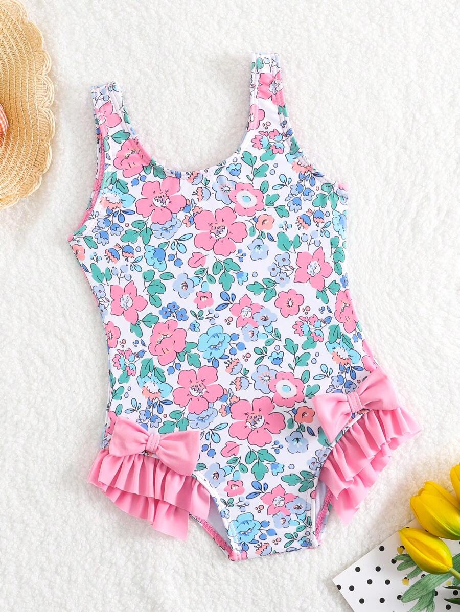 Baby Girl Random Printed Swimsuit With Bowknot Decoration And Ruffled Hem, One-Piece