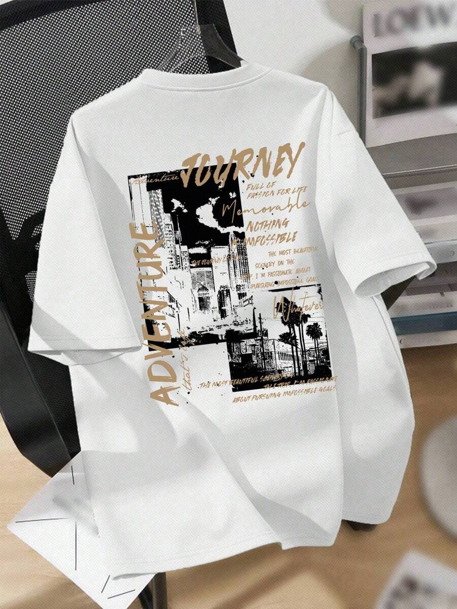 SHEIN Teen Boy Casual Cartoon Retro Landscape Graphic Short Sleeve T-Shirt, Cotton Blend, Suitable For Summer