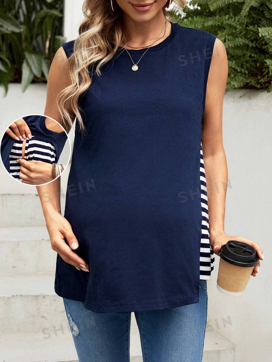 SHEIN Top De Tanque Sin Mangas De Cuello Redondo Con Patrón De Rayas Para Maternidad