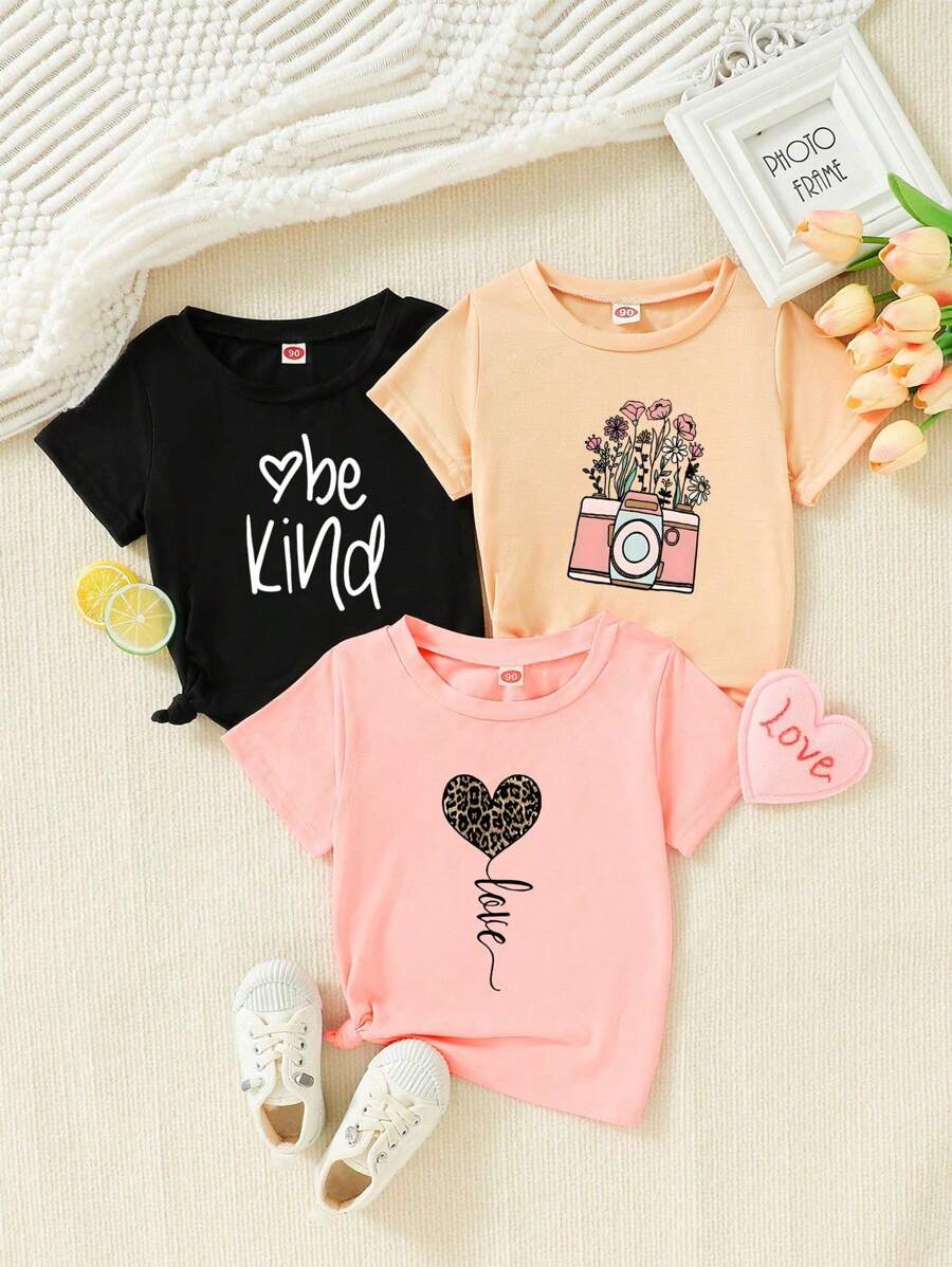 GraphicGems 3pcs/Set Tween Girls' Summer Leopard Print Heart Shaped Camera & Floral Patterned T-Shirts
