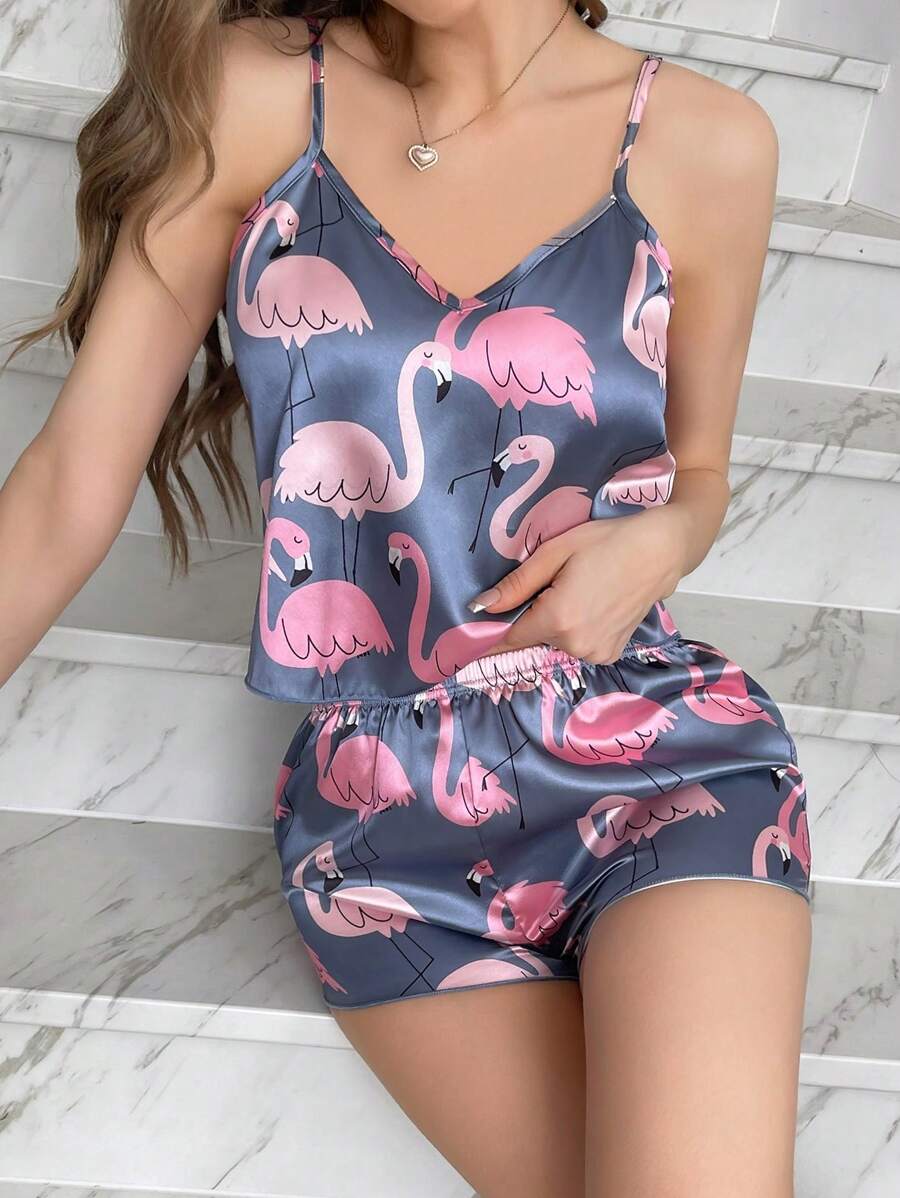 Damen Imitation Seiden Flamingo Druck Camisole Top Und Shorts Pyjama Set