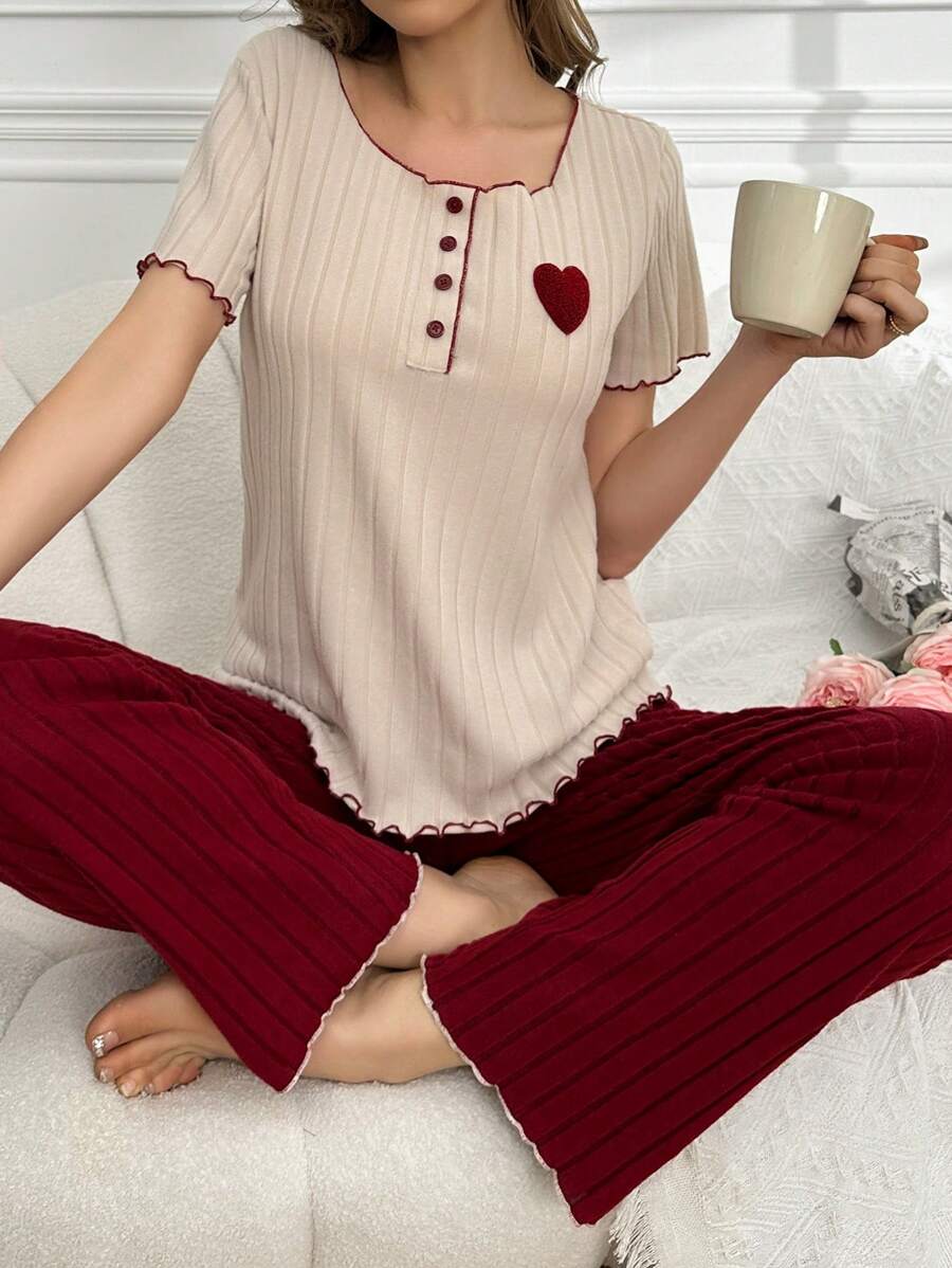 CoupledUp Conjunto De Pijama De Manga Corta Y Pantalón Para Mujer Con Estampado De Patrón De Corazón