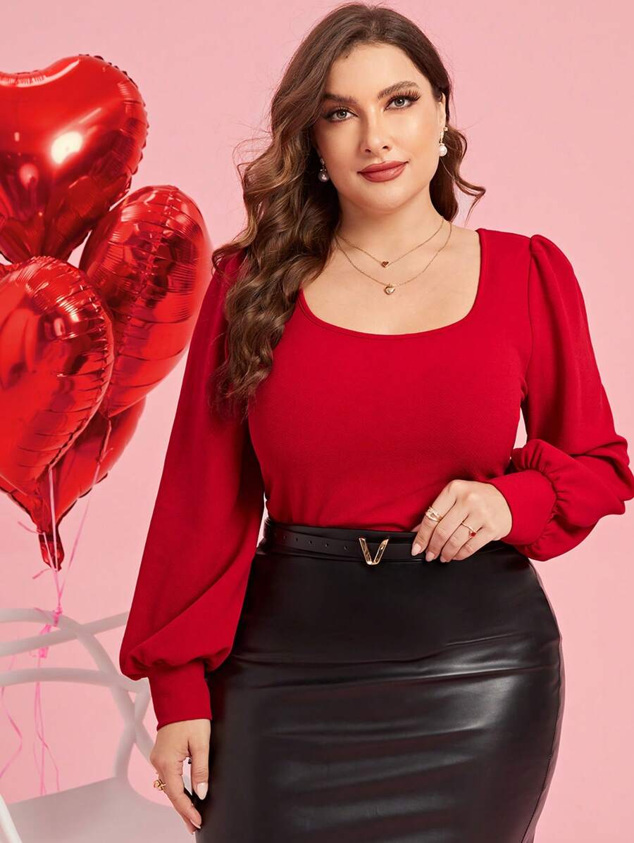 SHEIN Clasi Camiseta roja con cuello redondo y mangas de farol de talla grande, Día de San Valentín