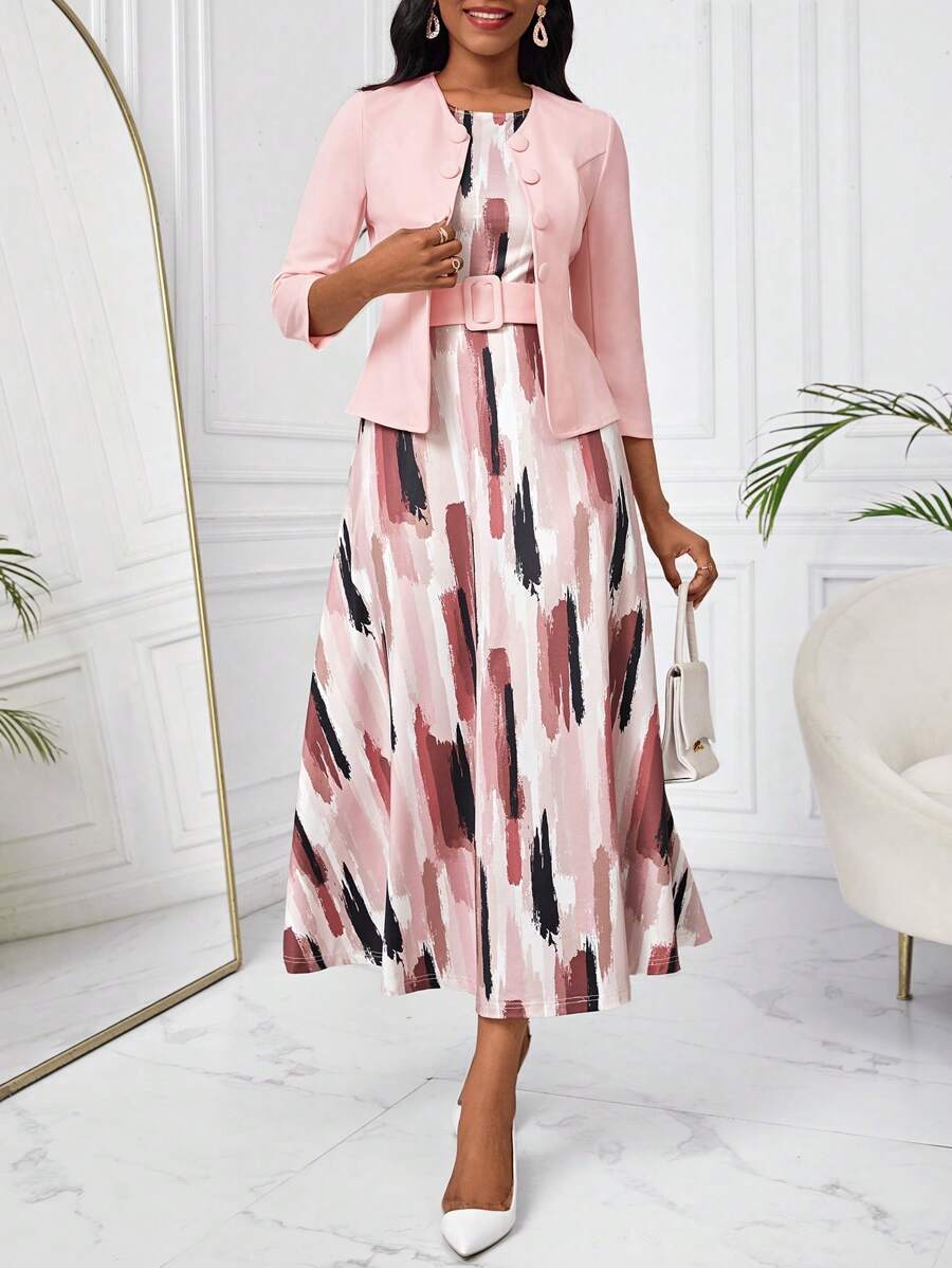 SHEIN Lady Women's Long Sleeve Single Breasted Coat And Sleeveless Dress 2pcs/Set