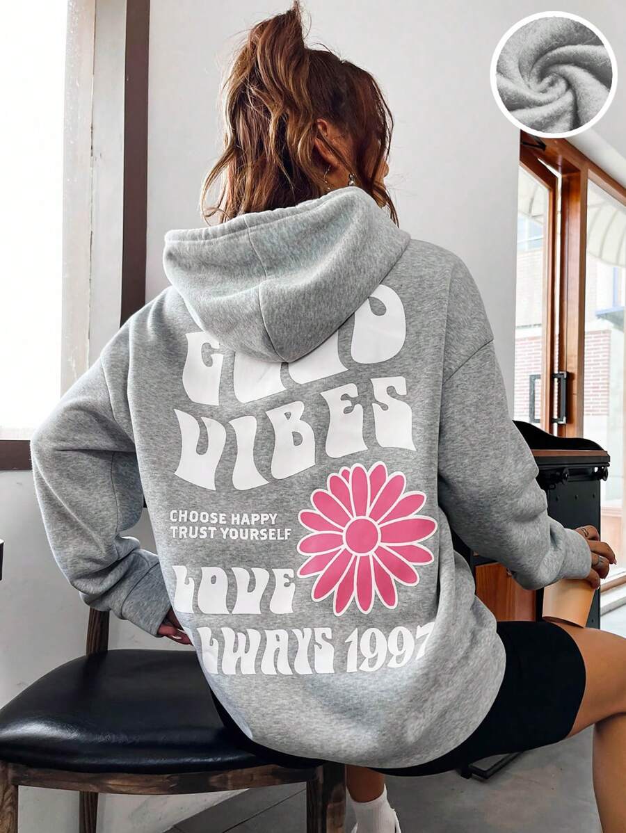 SHEIN Cottnline Hoodie met bloemen- en sloganprint en verlaagde schouders