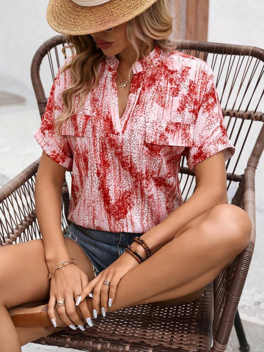 SHEIN LUNE Women's Geometric Pattern Notched-Neck Shirt