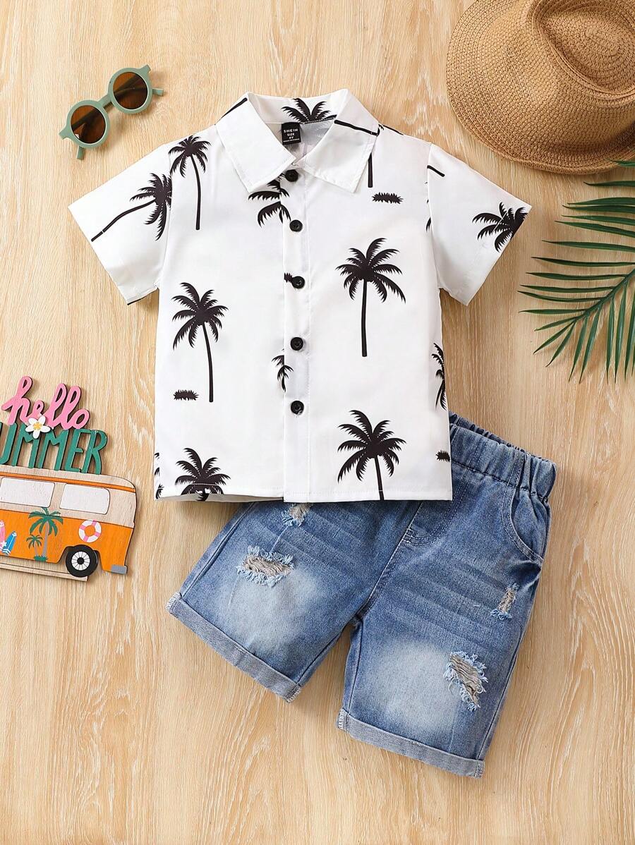Ensemble 2 Pièces Pour Garçon Composé De Chemise À Imprimé Palmier Décontractée Et De Short En Jean Déchiré Bleu Clair Lavé À Taille Élastique, Pour Les Vacances