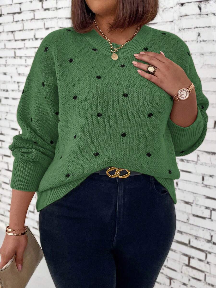 SHEIN LUNE Plus Size Polka Dot Pattern Drop Shoulder Sweater