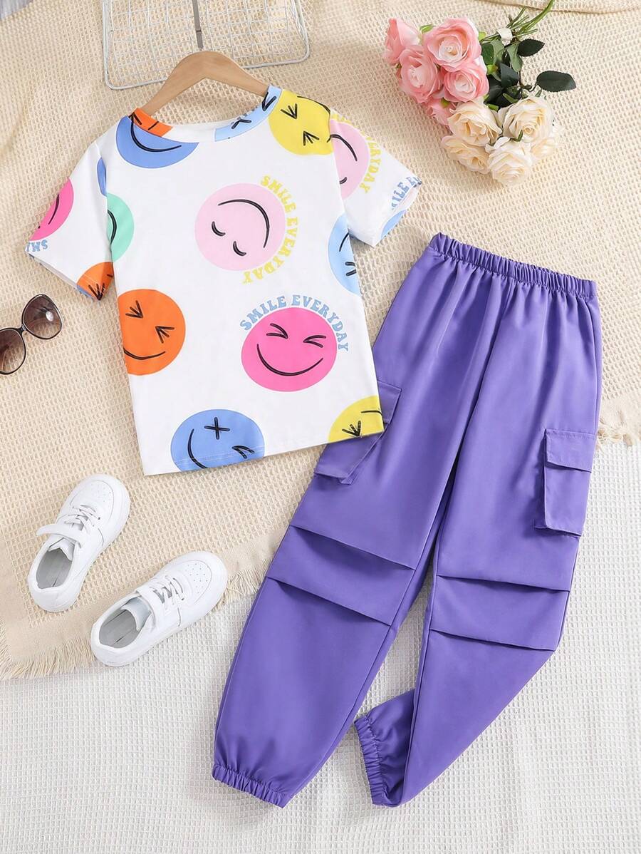 SHEIN Tween Mädchen Face Print Kurzarm-T-Shirt + Cargohose 2 Stück Outfit