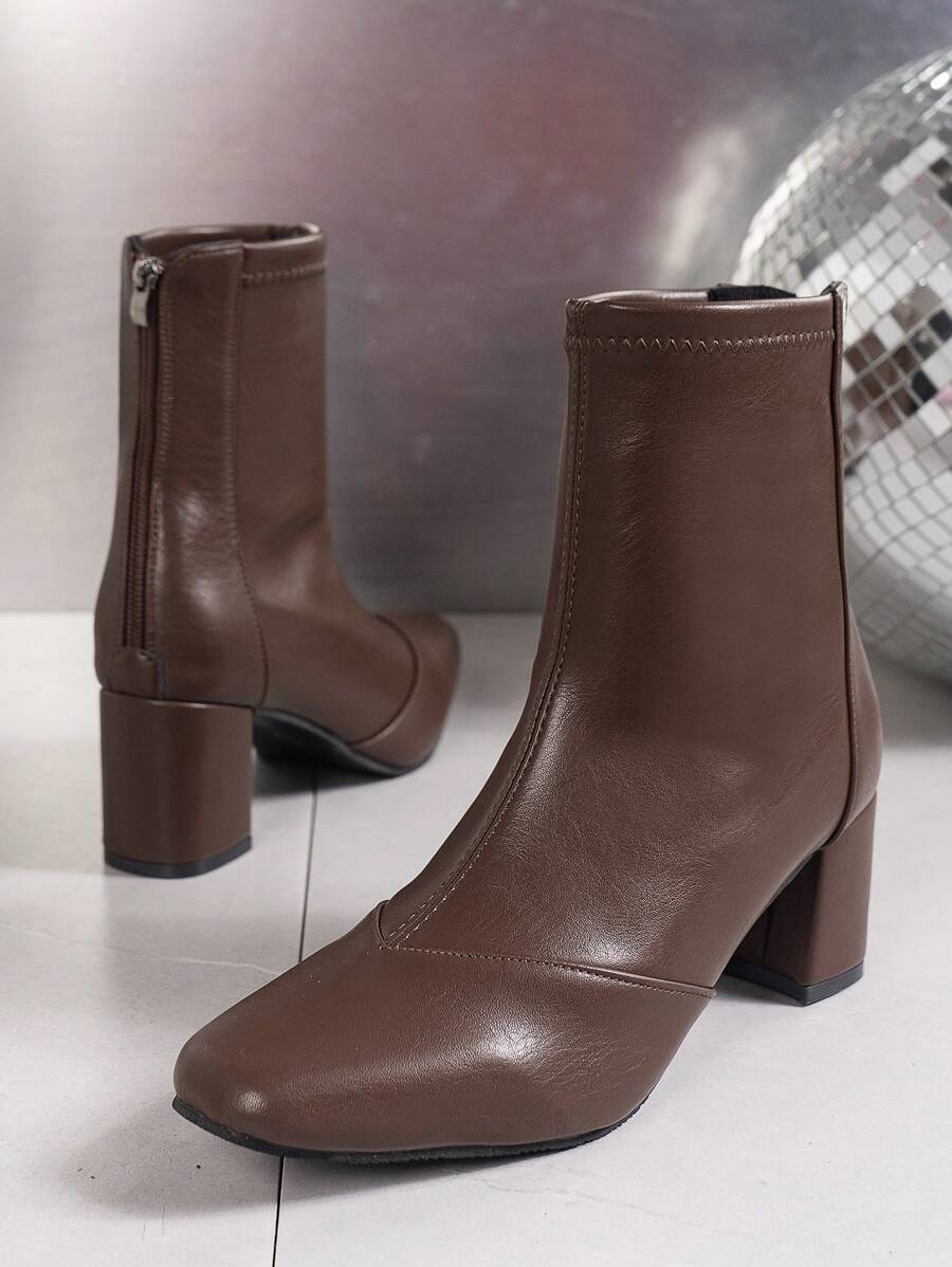 Women's Fashionable Coffee Colored Chunky Heel Slim Fit Ankle Boots, Versatile, Autumn And Winter New Style